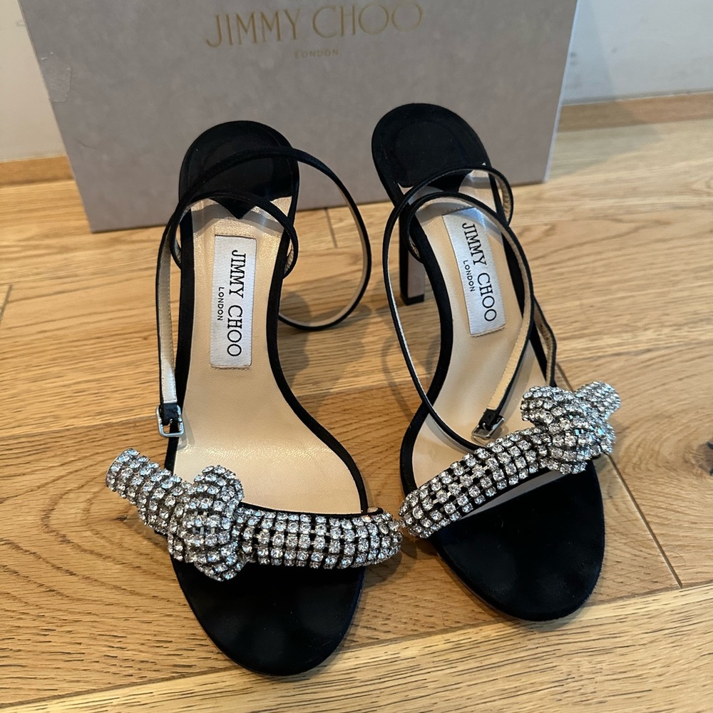 Jimmy choo Thyra black suede crystal bow sandals 38.5